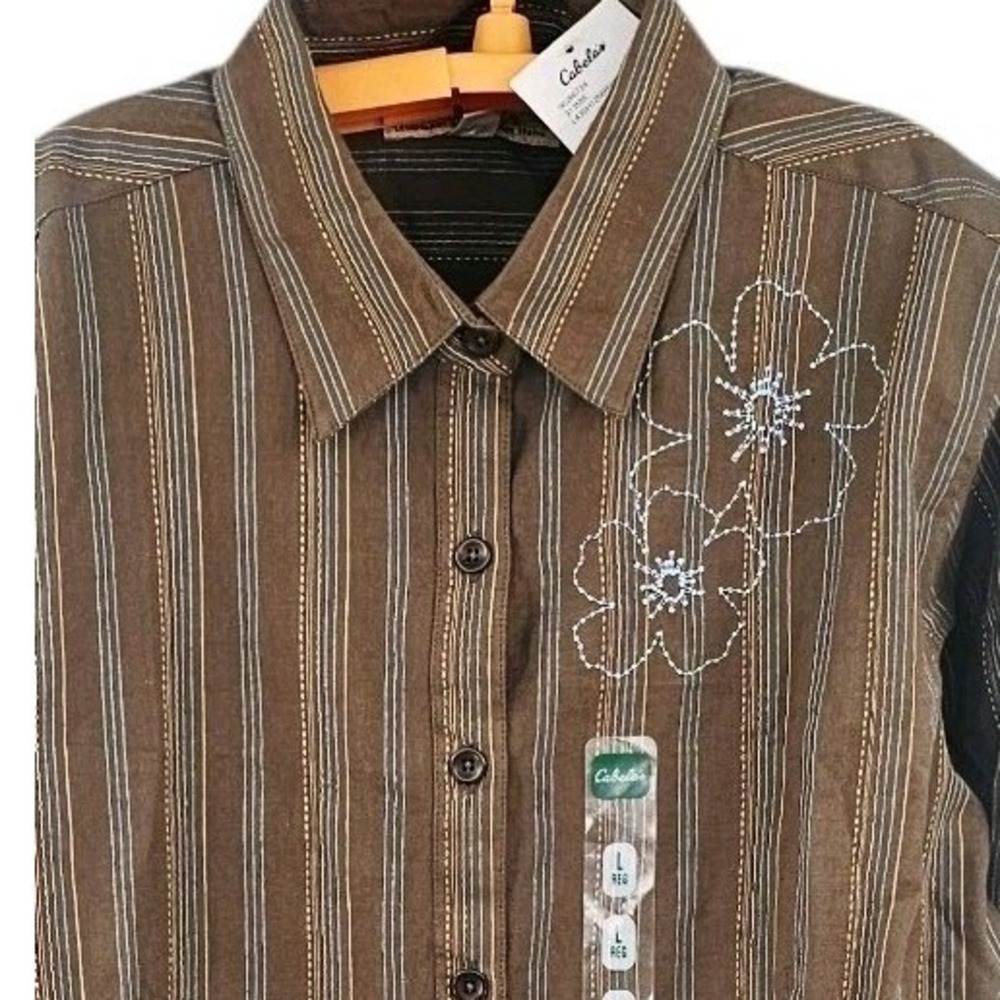 NWT Cabela's Striped Floral Long Sleeve Button Up Collared Top Shirt Y2K